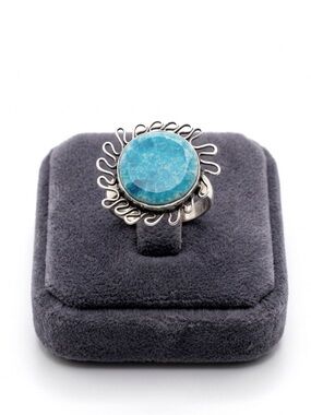 New Artisan Natural Deep Blue Calcite Handmade 925 Sterling Silver Sun Ring